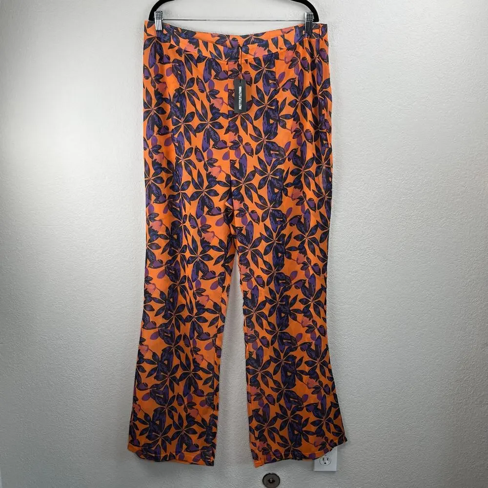 PrettyLittleThing Orange Tropical High Rise Sheer Flare Beach Pants 14 NWT
